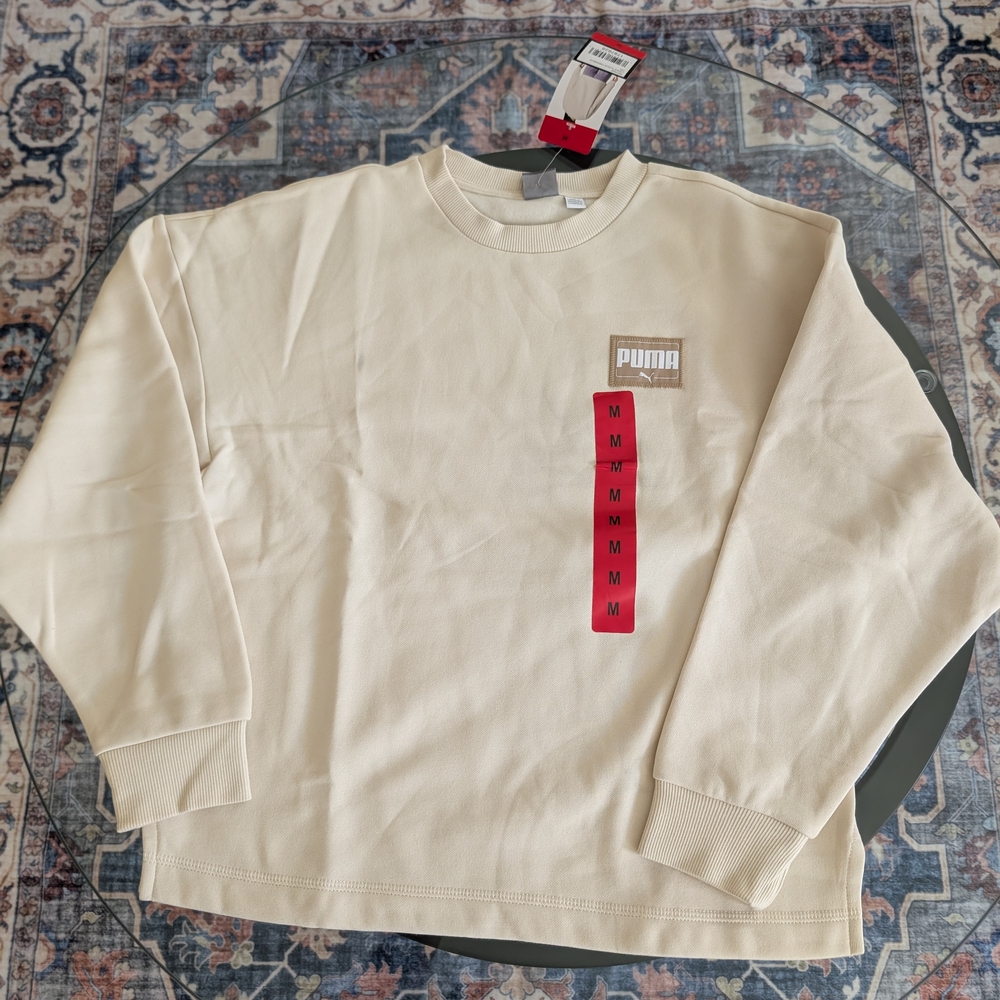 Puma Cream Crewneck Sweater with Ribbed Details